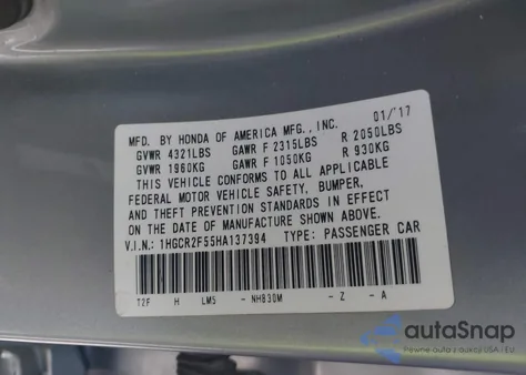 2017 Honda Accord Sport z USA, uszkodzony, nr VIN 1HGCR2F55HA137394